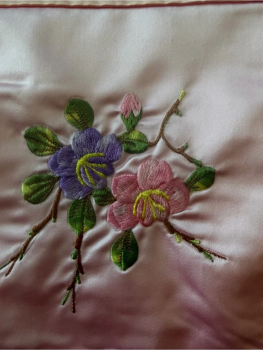 Rare Handmade Vintage Satin Embroidered Floral Bedspread Coverlet 74” x 86”